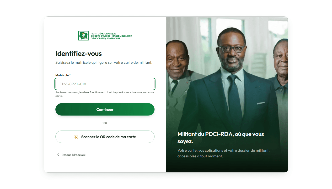 Le même écran d’identification sur une tablette : le formulaire à gauche, la photographie du parti à droite.